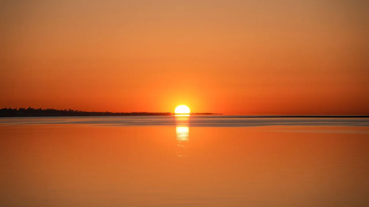 Le soleil se lève au ras d’une eau lisse et vide, ciel et mer entièrement orangés, une ligne d’arbres basse tout au fond.